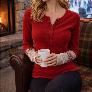 Free People Red Henley Thermal with Patterned Cuff Detail